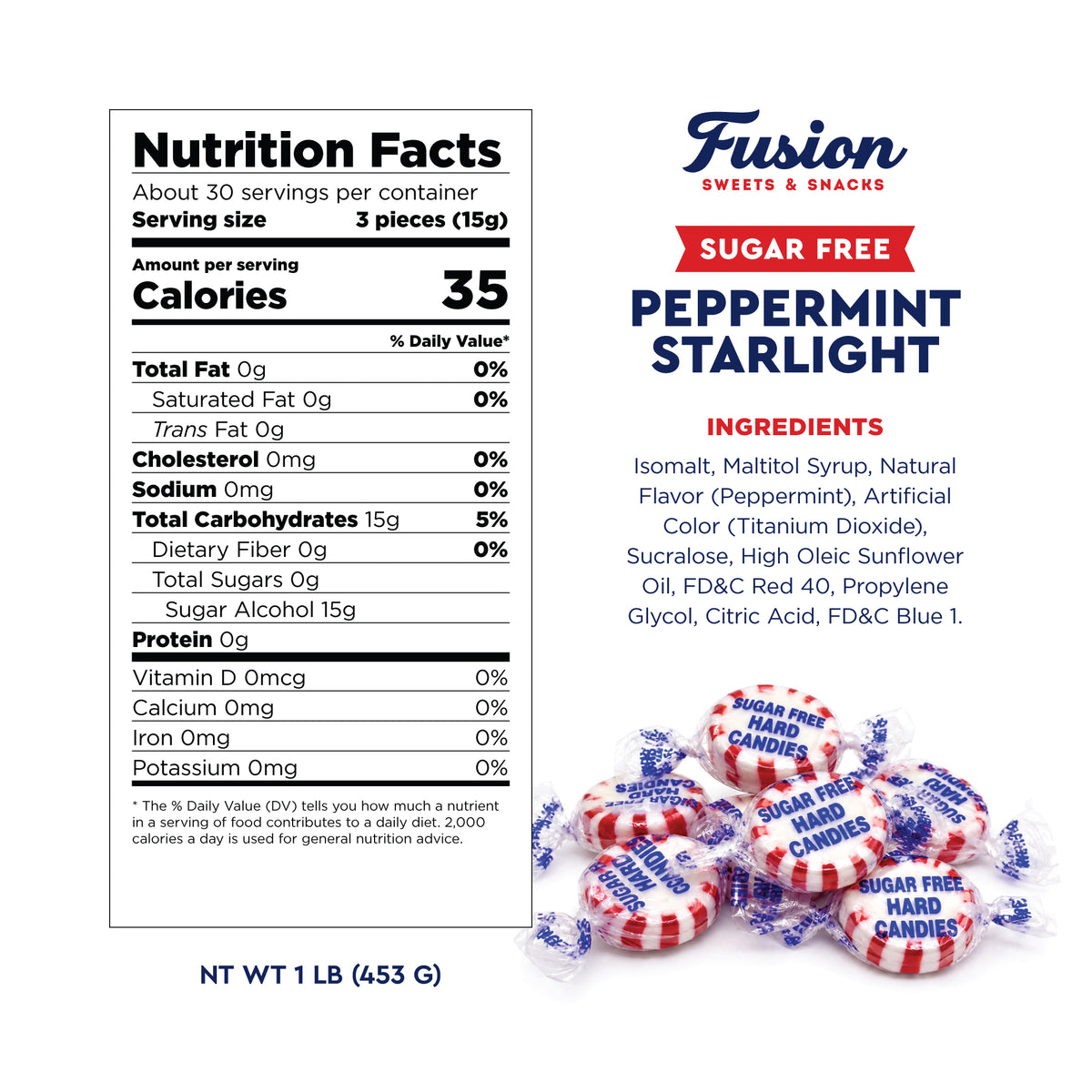 Sugar Free Peppermint Candy - 1 Pound Bulk Bag - Individually Wrapped Sugar Free Starlight Mints- Keto and Diabetic Friendly Sugarless Hard Candy