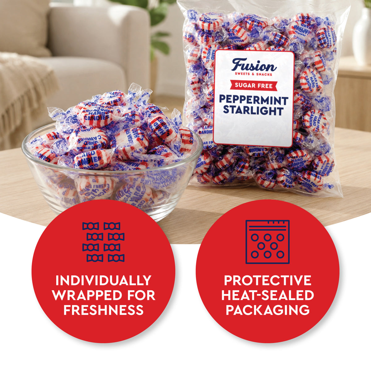 Sugar Free Peppermint Candy - 1 Pound Bulk Bag - Individually Wrapped Sugar Free Starlight Mints- Keto and Diabetic Friendly Sugarless Hard Candy