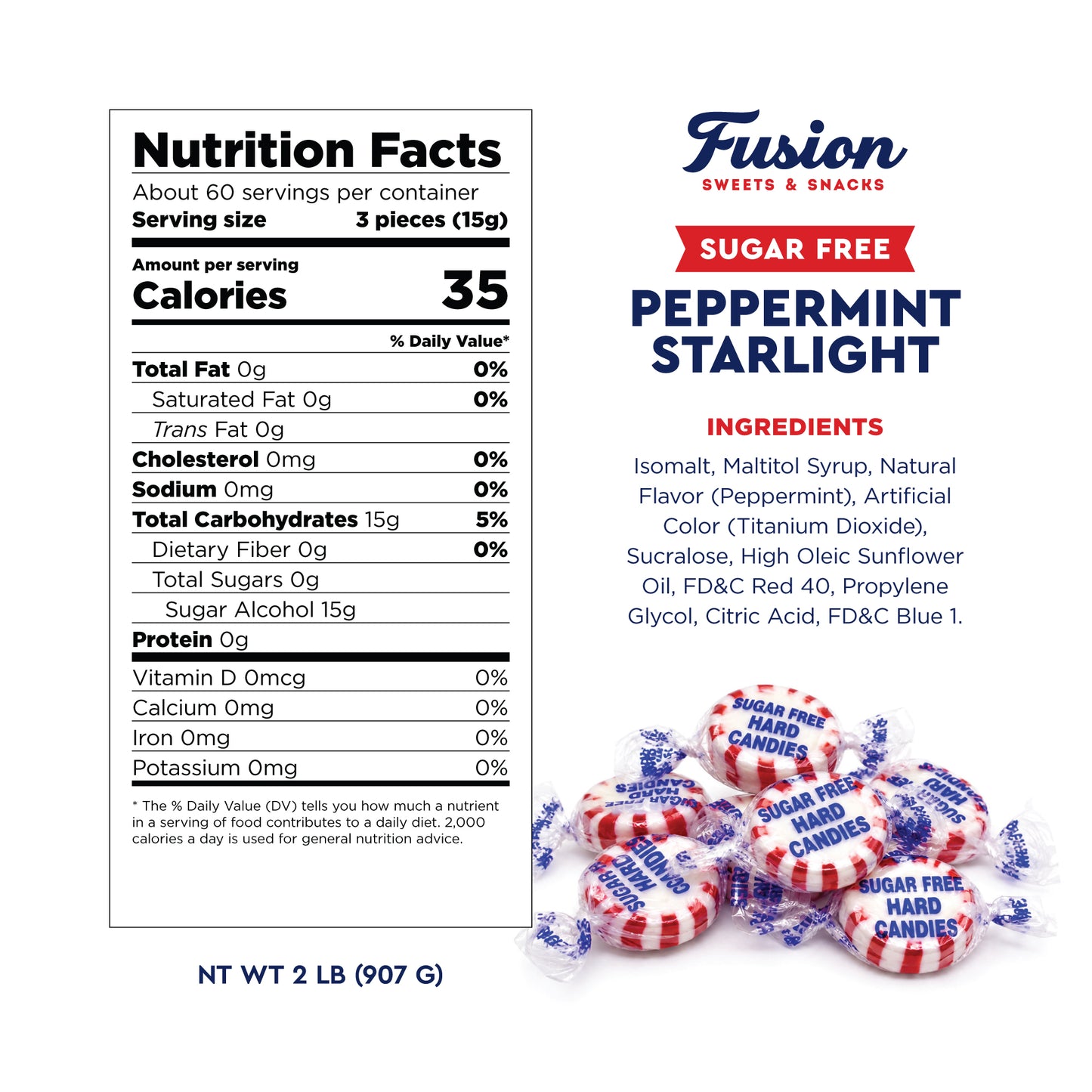 Sugar Free Peppermint Starlight Candy, 2 Pound Bag, Individually Wrapped | Approx 170 Count, Bulk Sugarfree Peppermint Mints, Keto & Diabetic Friendly, Sugarless Hard Candy