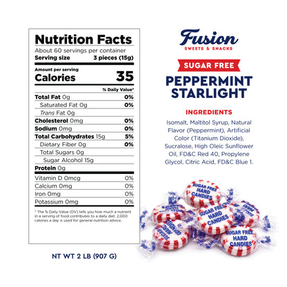 Sugar Free Peppermint Starlight Candy, 2 Pound Bag, Individually Wrapped | Approx 170 Count, Bulk Sugarfree Peppermint Mints, Keto & Diabetic Friendly, Sugarless Hard Candy