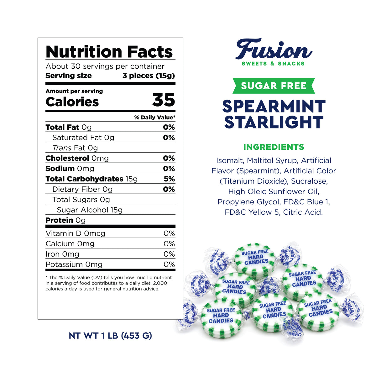 Arcor Sugar Free Spearmint Starlight Hard Candy - 1lb Bulk Bag - Keto Friendly Sugar Free Mints Individually Wrapped - Delicious Sugar Free Mint Candy for Fresh Breath