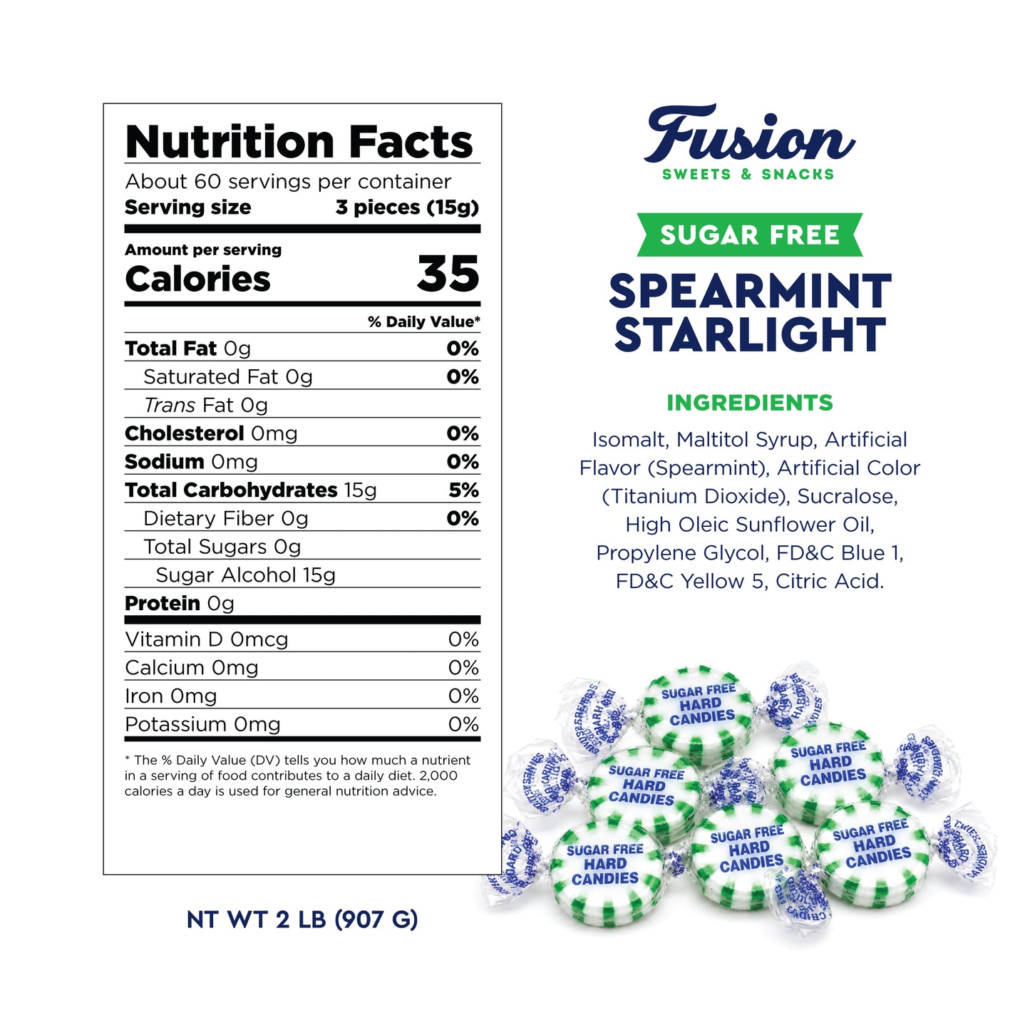 Sugar Free Spearmint Starlight Hard Candy, 2 Pounds, Individually Wrapped | Arcor Sugarfree Spearmint Mints Bulk Bag About 170 Pieces, Keto Friendly, Gourmet Hard Candy