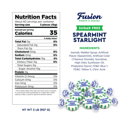 Sugar Free Spearmint Starlight Hard Candy, 2 Pounds, Individually Wrapped | Arcor Sugarfree Spearmint Mints Bulk Bag About 170 Pieces, Keto Friendly, Gourmet Hard Candy