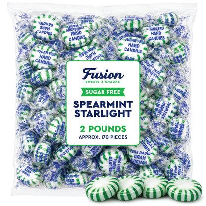 Sugar Free Spearmint Starlight Hard Candy, 2 Pounds, Individually Wrapped | Arcor Sugarfree Spearmint Mints Bulk Bag About 170 Pieces, Keto Friendly, Gourmet Hard Candy