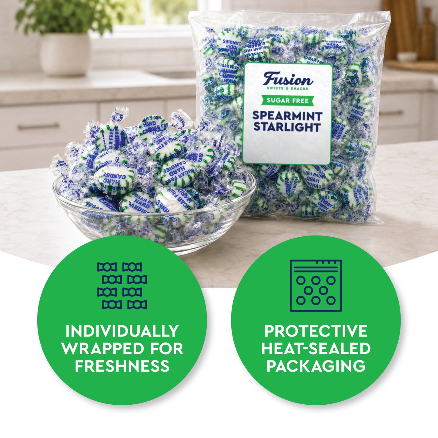 Sugar Free Spearmint Starlight Hard Candy, 2 Pounds, Individually Wrapped | Arcor Sugarfree Spearmint Mints Bulk Bag About 170 Pieces, Keto Friendly, Gourmet Hard Candy