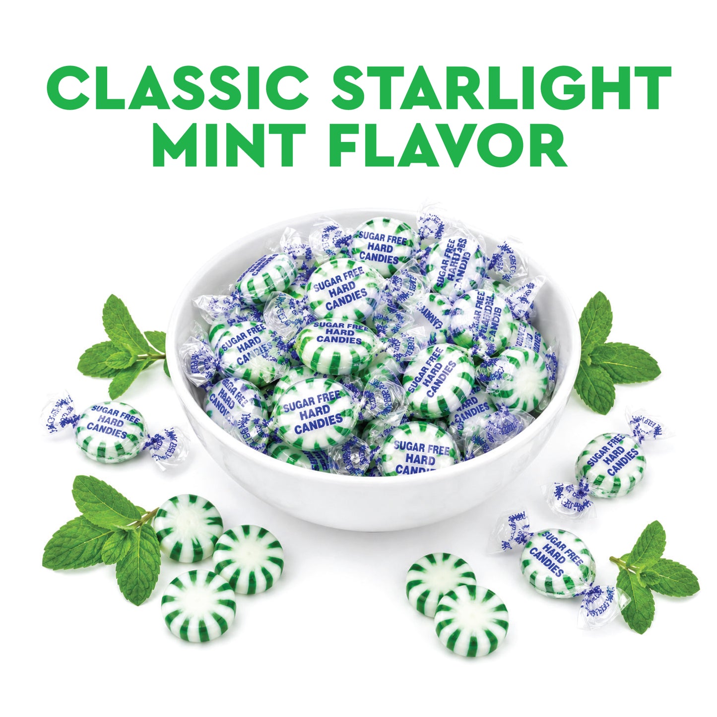 Sugar Free Spearmint Starlight Hard Candy, 2 Pounds, Individually Wrapped | Arcor Sugarfree Spearmint Mints Bulk Bag About 170 Pieces, Keto Friendly, Gourmet Hard Candy