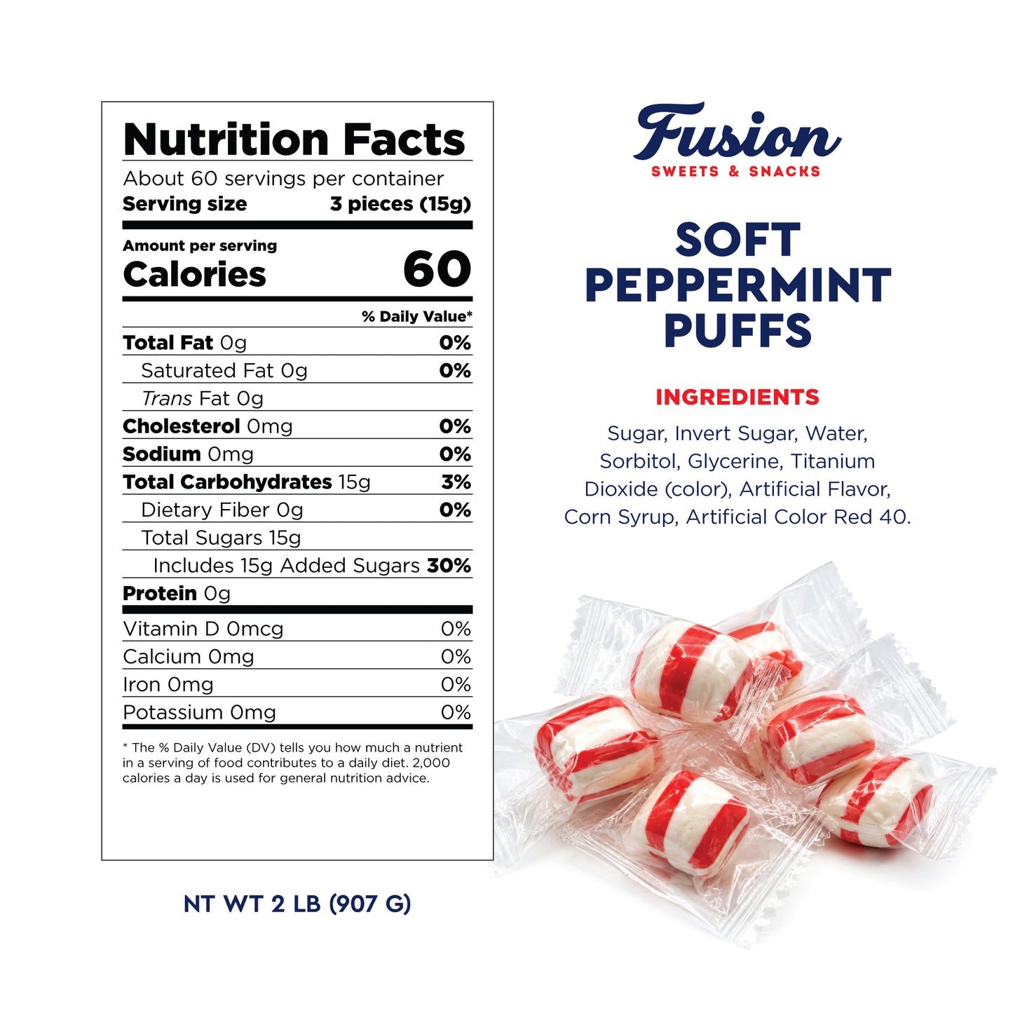Soft Peppermint Puff Candy, 2 Pound Bulk Bag, Individually Wrapped | About 180 Pieces, Soft Mints, Peppermint Puffs, After Dinner Mints, Office Mints, Classic Holiday Candies