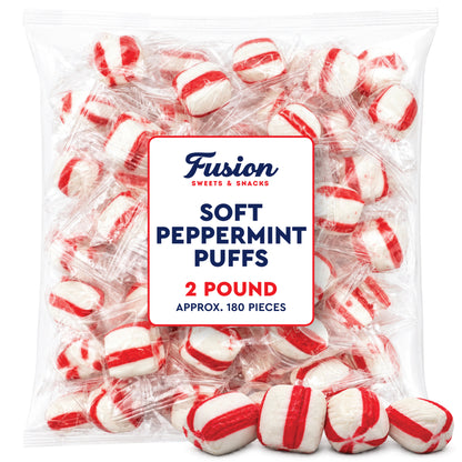 Soft Peppermint Puff Candy, 2 Pound Bulk Bag, Individually Wrapped | About 180 Pieces, Soft Mints, Peppermint Puffs, After Dinner Mints, Office Mints, Classic Holiday Candies