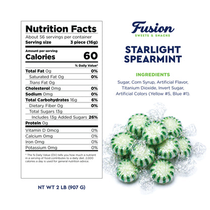 Starlight Spearmint Candy - 2 Pound Bulk (Approx 170 Pieces) Individually Wrapped Spearmint Mints - Refreshing Green and White Spearmint Hard Candy Discs - Christmas & Holiday Candy Spearmints - Starlights Breath Mints Are The Perfect After Dinner Mint