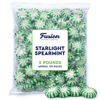Starlight Spearmint Candy - 2 Pound Bulk (Approx 170 Pieces) Individually Wrapped Spearmint Mints - Refreshing Green and White Spearmint Hard Candy Discs - Christmas & Holiday Candy Spearmints - Starlights Breath Mints Are The Perfect After Dinner Mint
