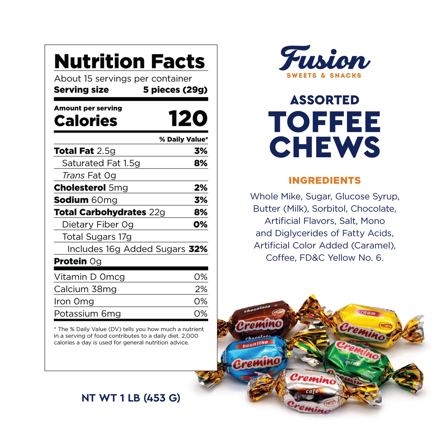 Toffee Candy Assorted - 1 Pound Bulk Chews, Toffee Candy Individually Wrapped - Five Delicious Flavors Vanilla, Chocolate, Coffee, Rum and Mint - Approx 75 Pieces
