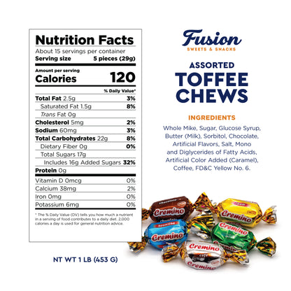 Toffee Candy Assorted - 1 Pound Bulk Chews, Toffee Candy Individually Wrapped - Five Delicious Flavors Vanilla, Chocolate, Coffee, Rum and Mint - Approx 75 Pieces