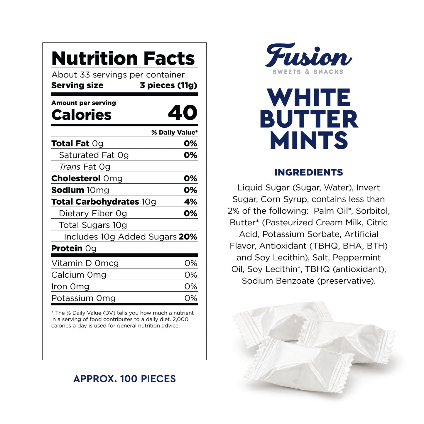White Buttermints - 100 Count - Butter Mints Individually Wrapped - Wedding Mints