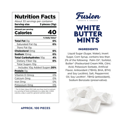 White Buttermints - 100 Count - Butter Mints Individually Wrapped - Wedding Mints